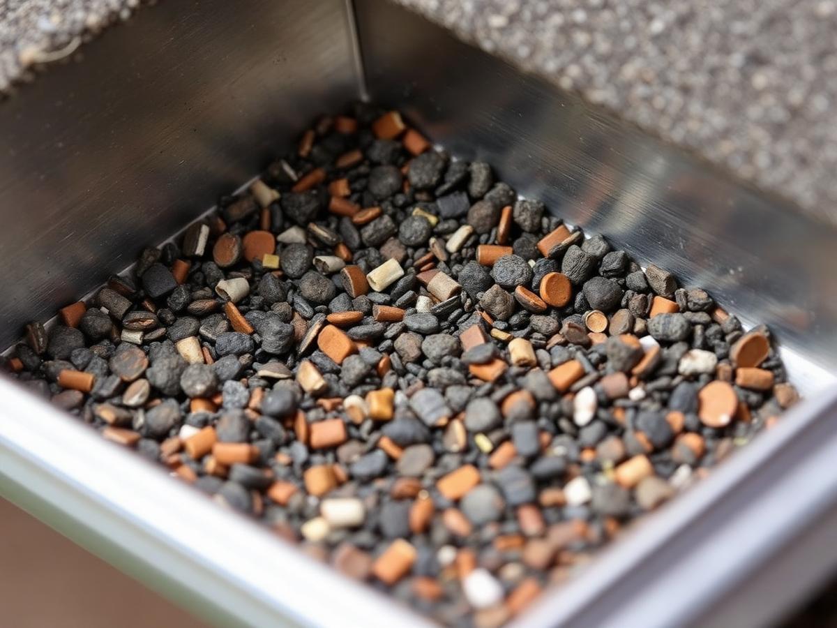 granule loss collected in a gutter trough, close-up