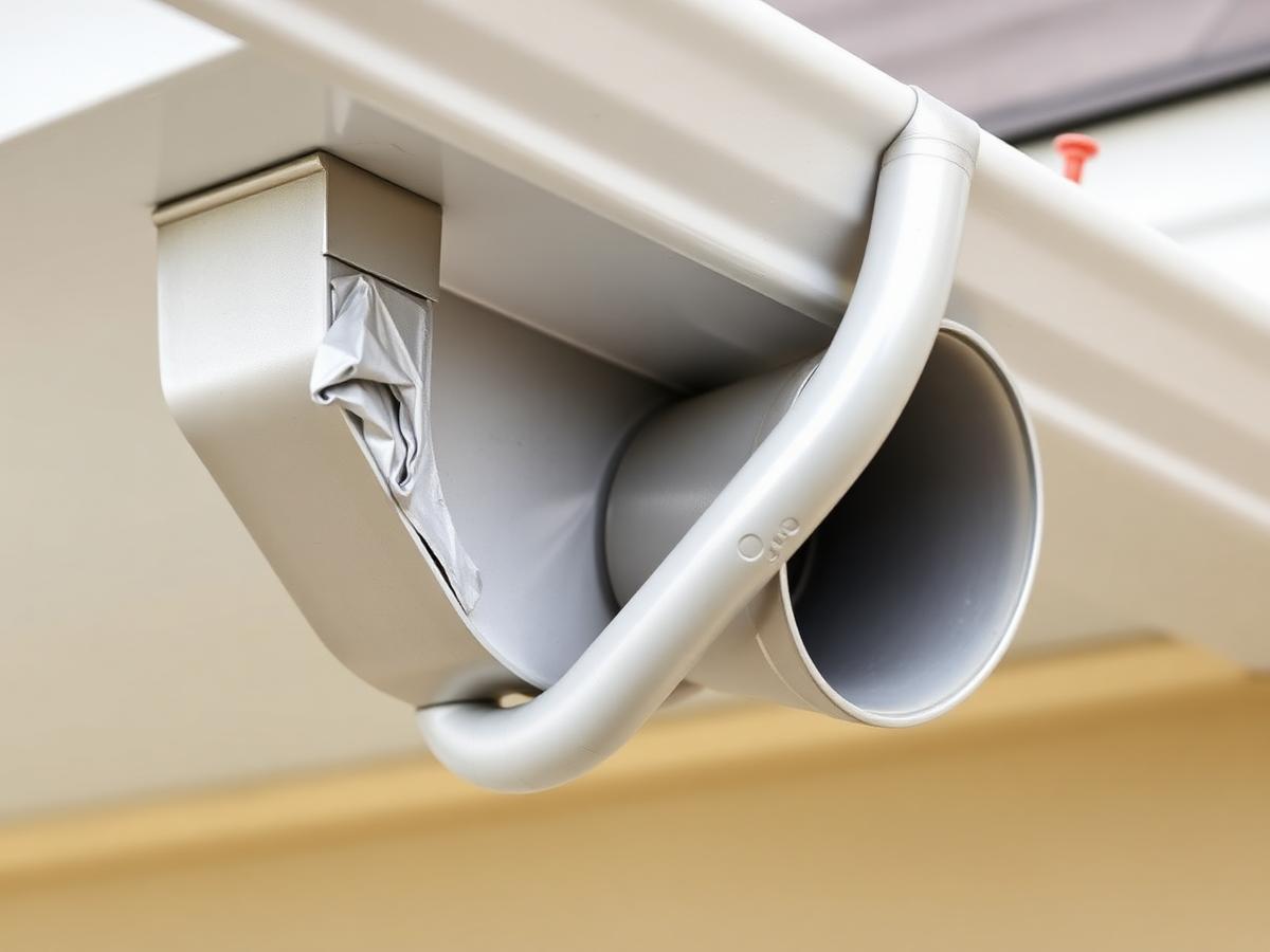 dented gutter face and downspout elbow