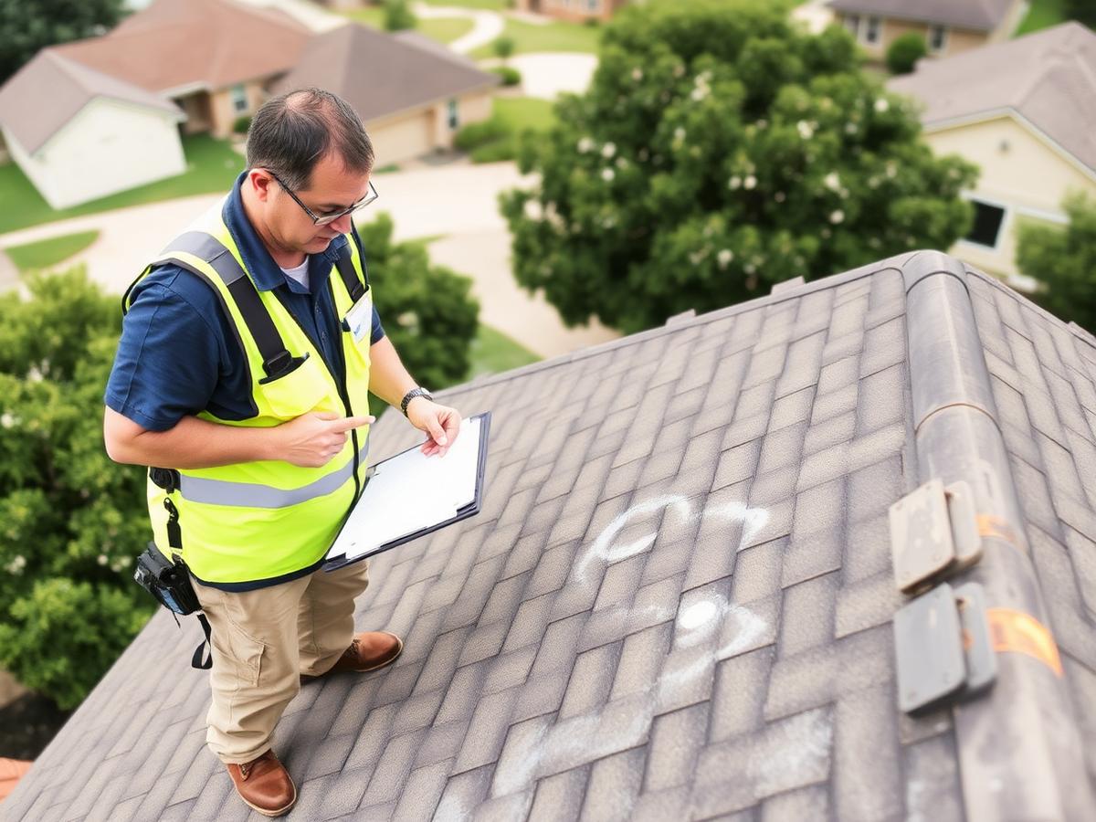 Haag Certified inspector chalk-marking hail impacts on a Frisco roof slope
