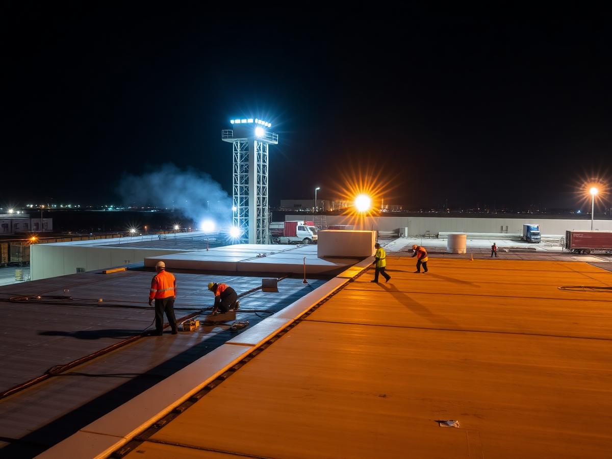 Night installation under tower lighting, 73,500 sq ft cold storage facility