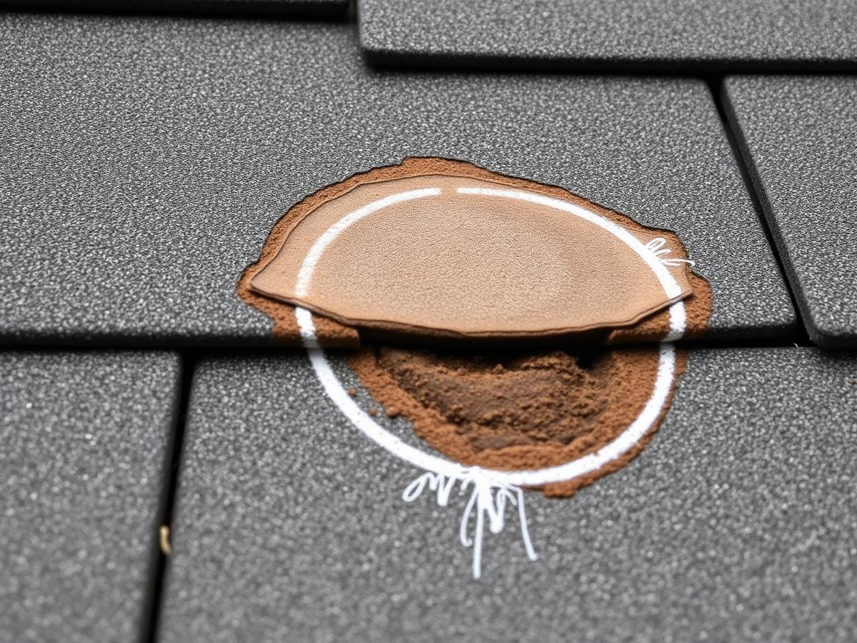 Hail-damaged shingle close-up documented for insurance, Cumming