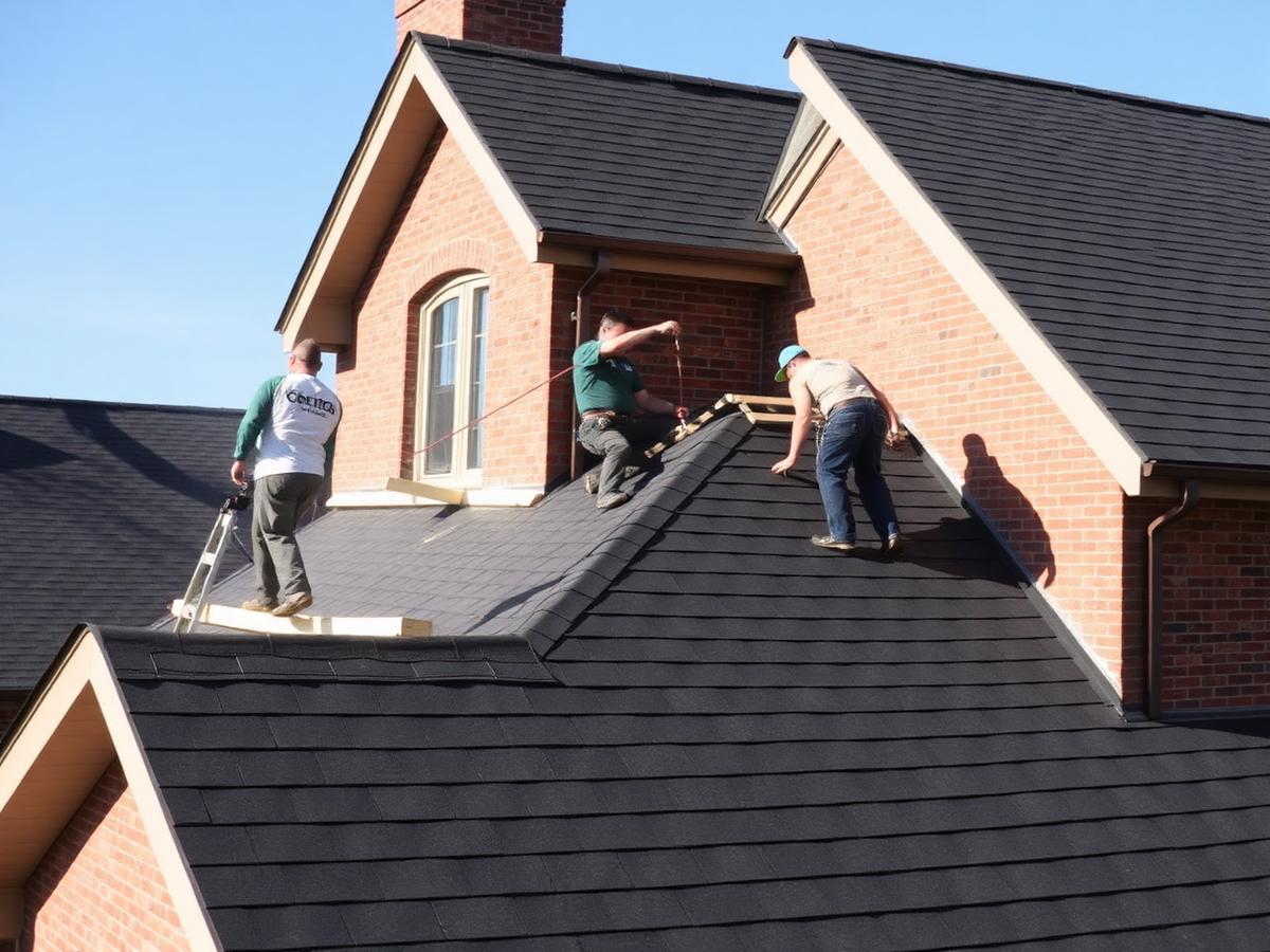 Crew installing architectural shingles on a two-story in Windward, Alpharetta